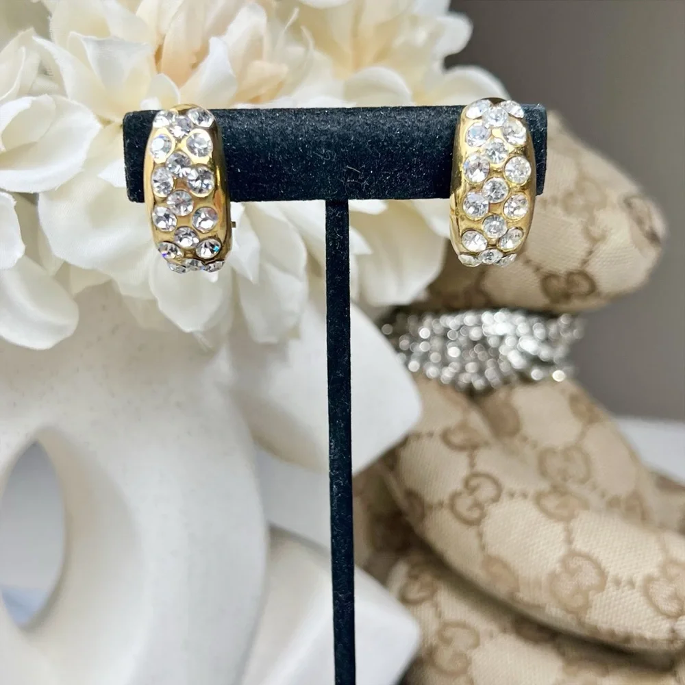 Chanel Vintage Crystal & Gold Plated Half Moon Clip-On Earrings